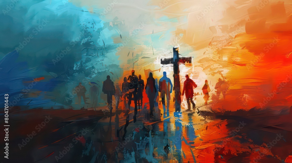 Obraz premium Silhouette team of people raising hands at cross background