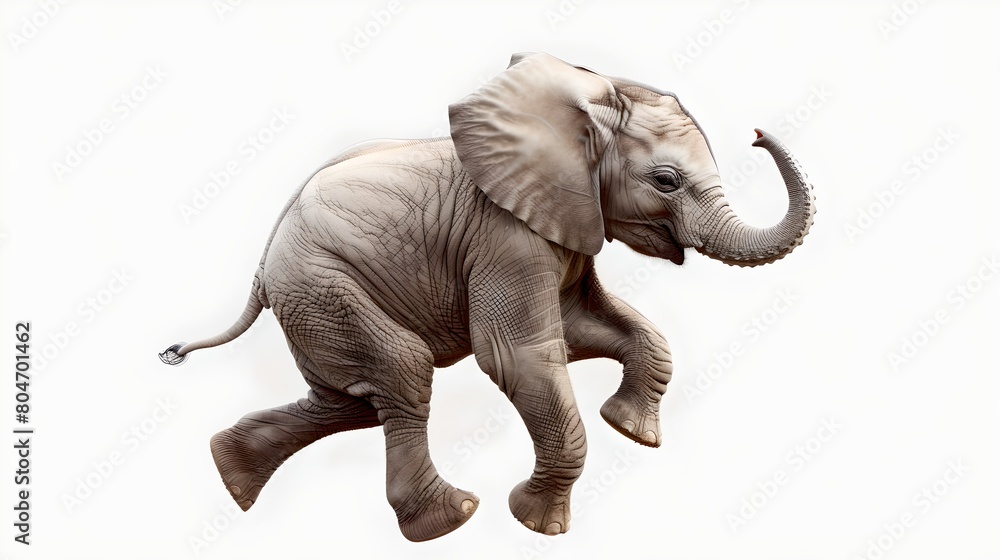 Fototapeta premium Joyful young elephant in mid-stride with a playful pose. Ideal for children's books and educational materials. Lifelike digital illustration. AI