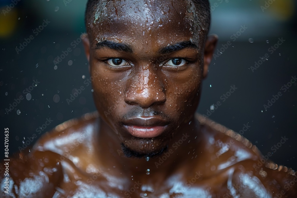 Close-up reveals a resolute boxer with sweat beads on his face, reflecting the intensity of his training session