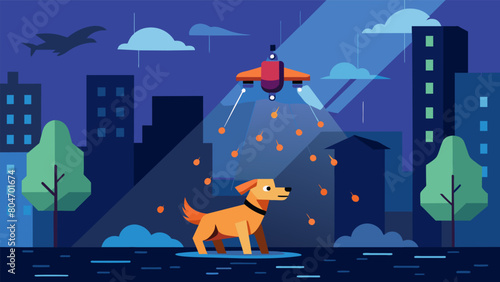 As the rain poured down a pet finder drone tirelessly scanned the deserted streets for a lost dog whose owners feared it had been swept away in a. Vector illustration