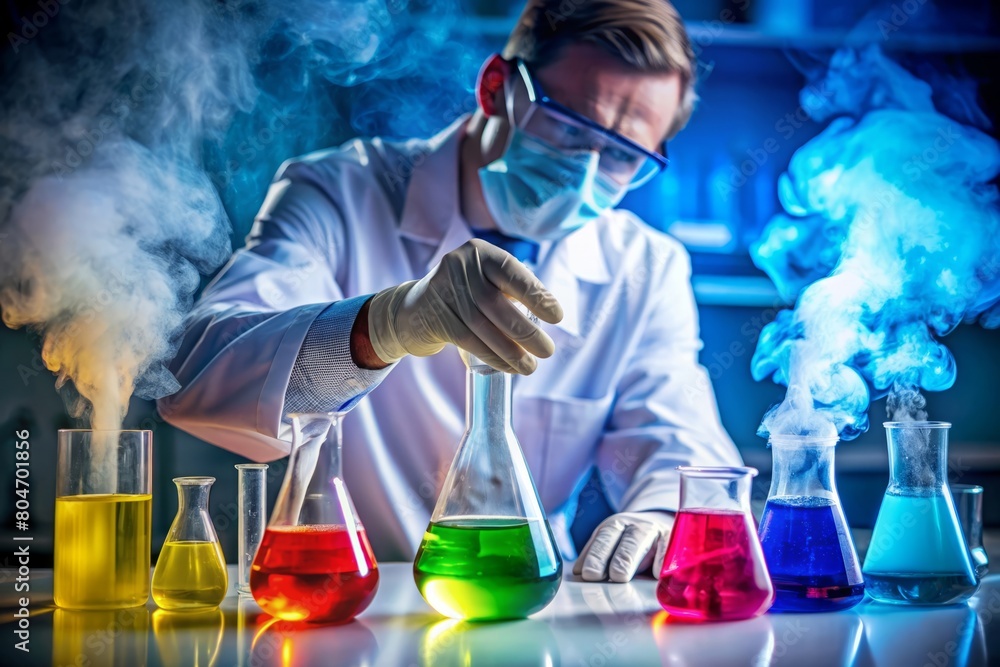 A dynamic image of a scientist conducting colorful experiments in a lab, showcasing a style of active research with vivid chemical reactions. A dynamic image of a scientist conducting colorful experiments in a lab, showcasing a style of active research with vivid chemical reactions.