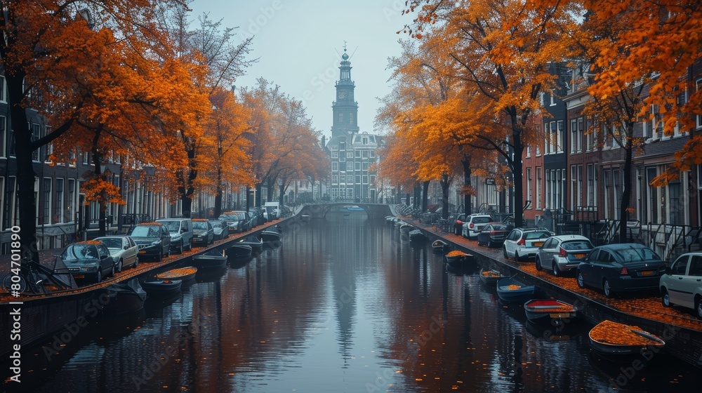 Panoramic Autumn View of Amsterdam Canal with Vibrant Orange Trees