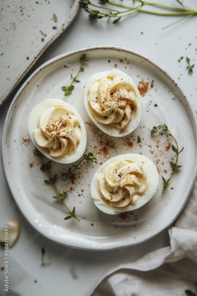Elegant presentation of deviled eggs garnished with spices and herbs on a white ceramic plate, suitable for high-class catering menus. Elegant presentation of deviled eggs garnished with spices and herbs on a white ceramic plate, suitable for high-class catering menus.