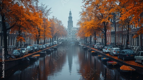 Panoramic Autumn View of Amsterdam Canal with Vibrant Orange Trees