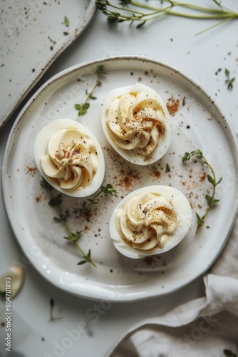 Elegant presentation of deviled eggs garnished with spices and herbs on a white ceramic plate, suitable for high-class catering menus.