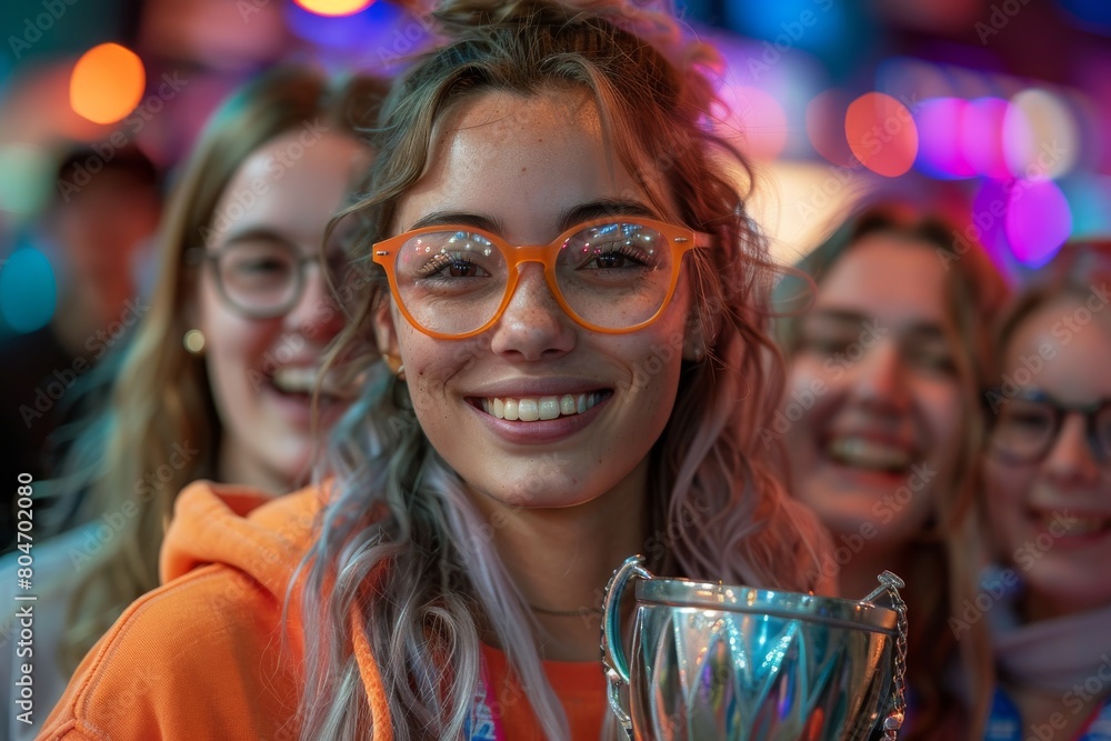 A joyful woman with glasses and a trophy is celebrated by her friends in a colorful environment A joyful woman with glasses and a trophy is celebrated by her friends in a colorful environment