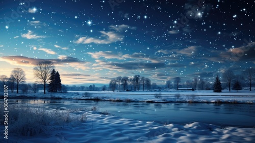 Starry Winter Night Over Snow-Covered Landscape by a Frozen River