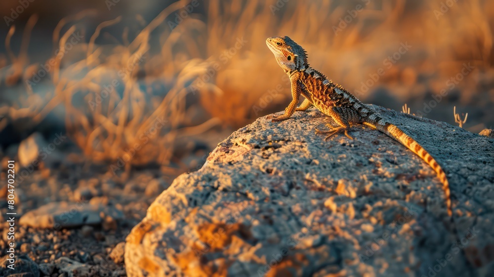 Fototapeta premium Serene image of a Bearded Dragon soaking up the sun on a boulder, showcasing its distinct patterns