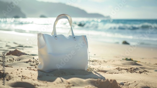 A white bag with handles stands on the beach on the sand
