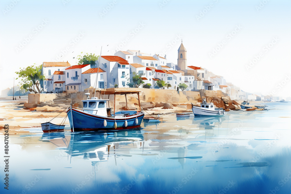 A charming coastal village with traditional fishing boats moored in a picturesque harbor, isolated on solid white background.