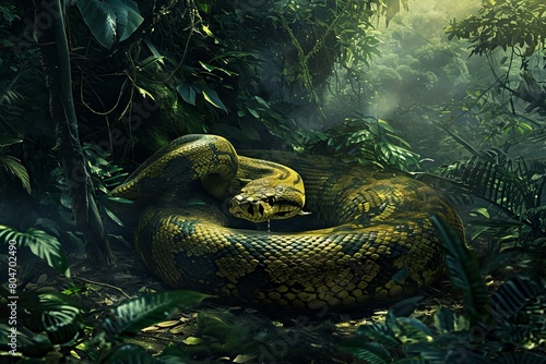 Exotic Anaconda snake forest tropical. Nature park. Generate Ai photo