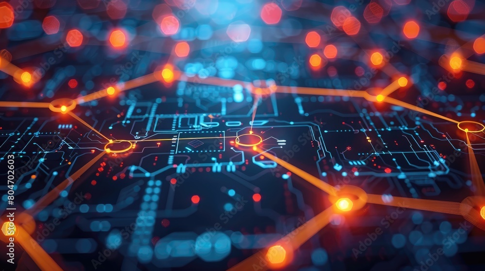 A glowing orange and blue circuit board. A glowing orange and blue circuit board.