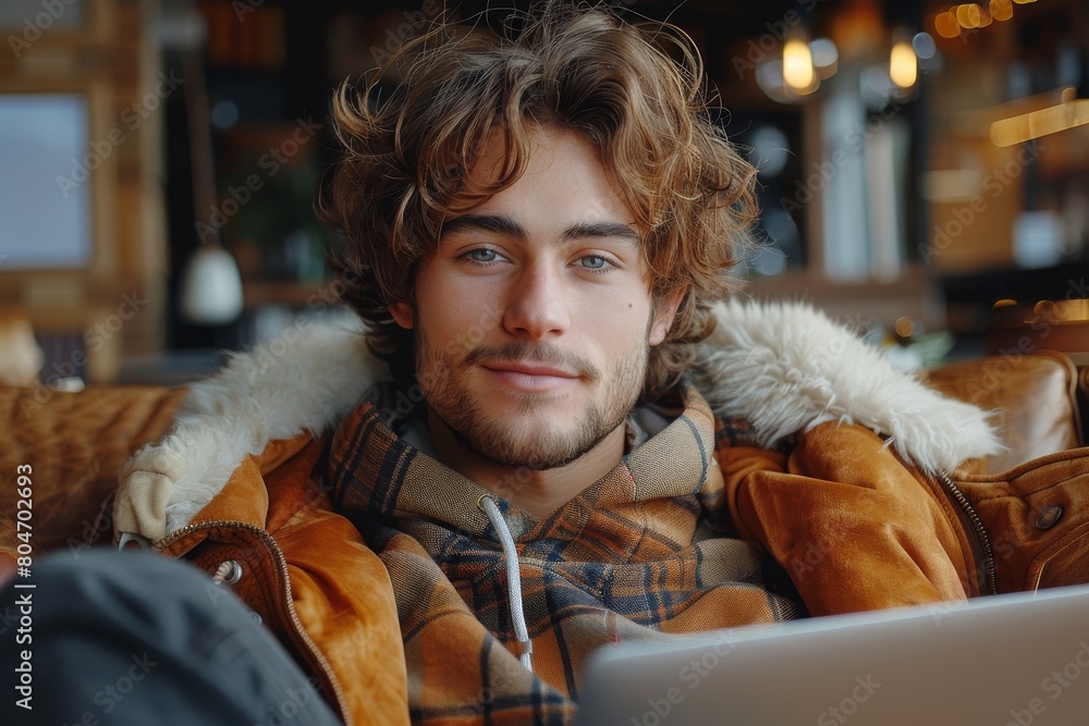 A relaxed young man with a laptop sits on a sofa in a warm and inviting space, suggesting productivity and ease A relaxed young man with a laptop sits on a sofa in a warm and inviting space, suggesting productivity and ease