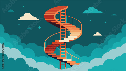 A spiral staircase ascending through clouds of mist symbolizing the journey into the depths of the subconscious..