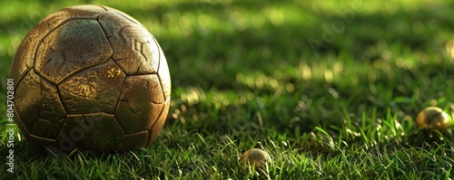 gold soccer ball rests on vibrant green grass, highlighted by the sun's ethereal glow. photo