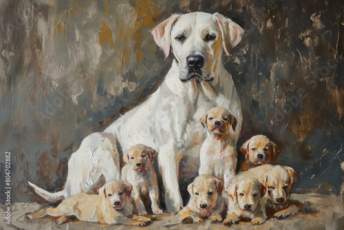 Tender Dog mother with small puppies. Cattle young pup. Generate Ai