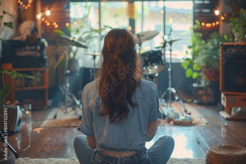 A peaceful and focused young woman meditating in a music studio filled with instruments photo