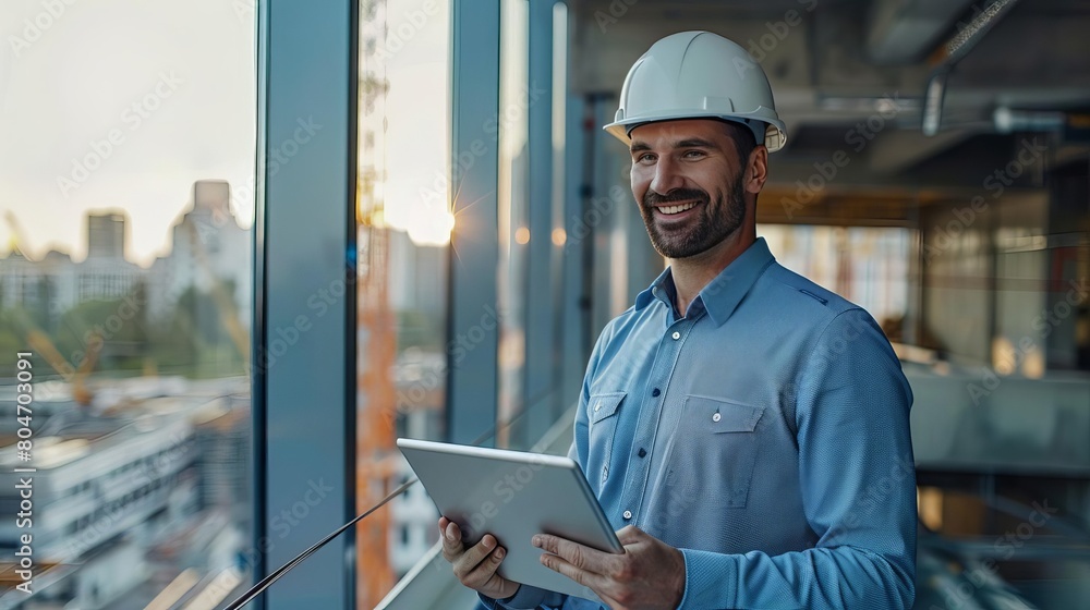 Happy businessman with hardhat standing with tablet pc at construction site