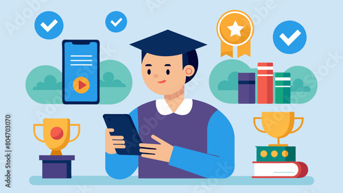 A college student using a gamified learning platform on their phone competing with classmates and earning personalized rewards for completing. Vector illustration