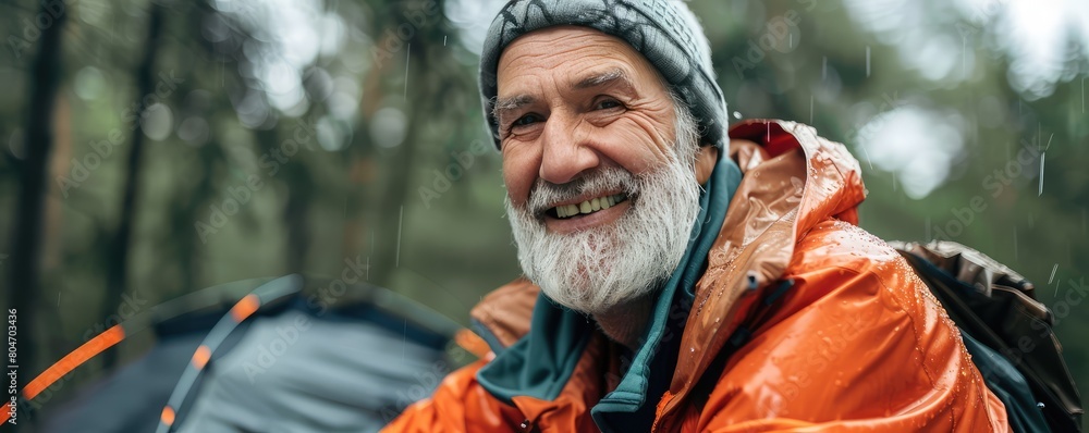 Cheerful older man with a hat smiles near wet tent at rainy day. Camping in rain concept Cheerful older man with a hat smiles near wet tent at rainy day. Camping in rain concept