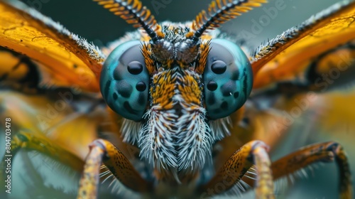This close-up image captures the intense gaze and textured hair of an insect's eyes full of intricate detail photo
