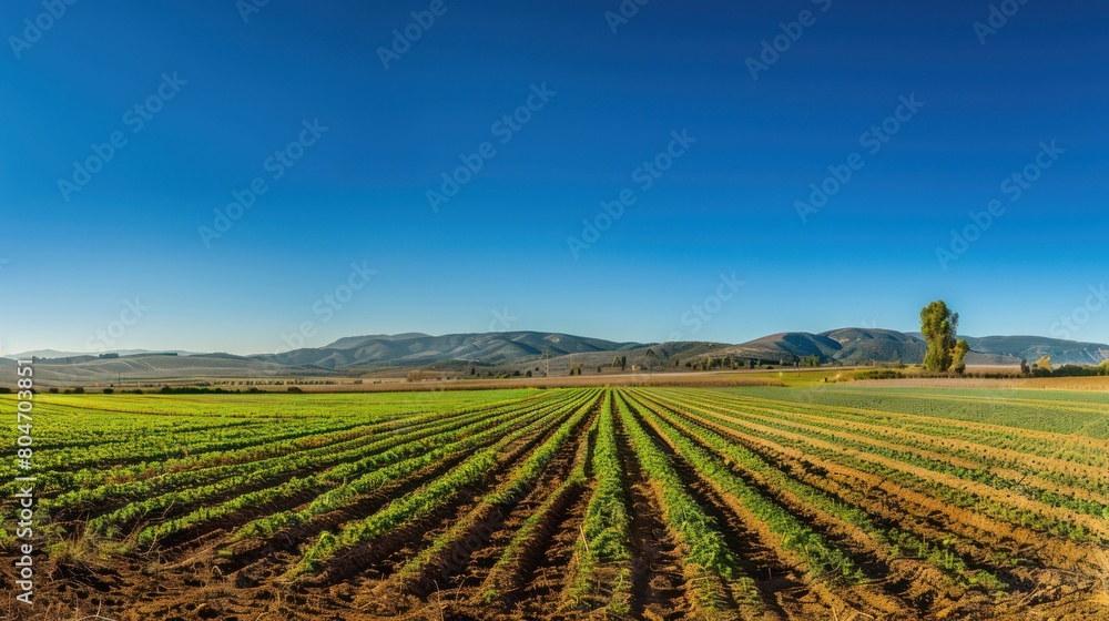 Expansive farm landscape with neat rows of crops under the endless blue sky showcasing nature and agriculture harmony Expansive farm landscape with neat rows of crops under the endless blue sky showcasing nature and agriculture harmony