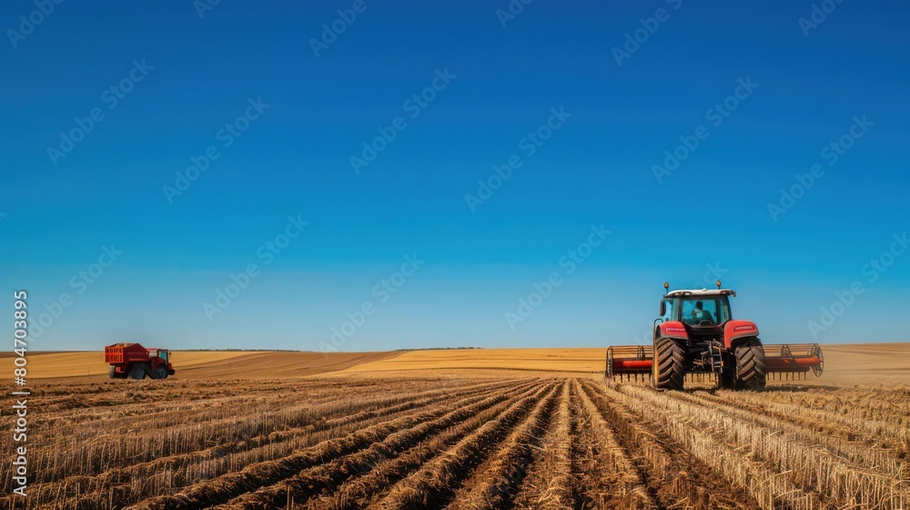 Obraz premium Two red tractors plowing through the field after harvest, signifying the end of the growing season