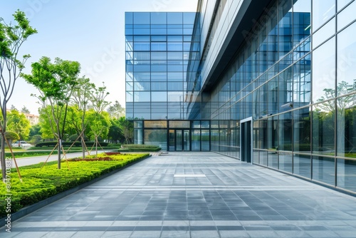 Modern office building exterior with glass and steel architecture, concrete pavement, greenery plants in the courtyard Generative AI