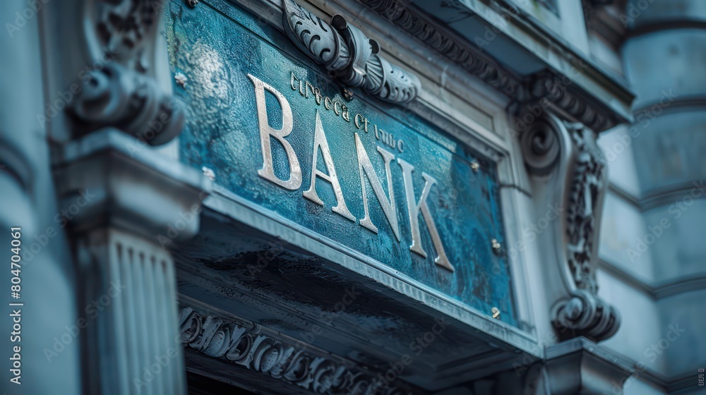 Obraz premium An exquisite image focusing on the deep blue 'Trust thy Bank' sign, resonating the classic and secure feeling of traditional banks