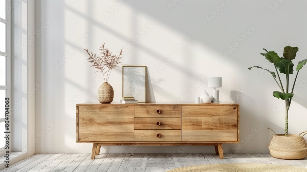Wood cabinet and accessories decor in living room interior on empty white wall background. Wood cabinet and accessories decor in living room interior on empty white wall background.