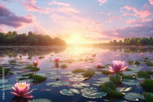 sunset on a lake with water lilies