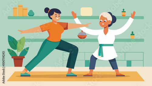 With her physical the by her side a stroke survivor practices her balance and coordination in a modified karate class building strength and confidence. Vector illustration