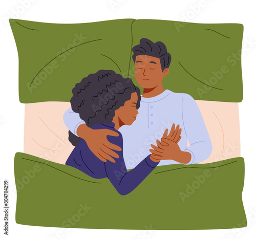 Young couple sleeping together cuddling under blanket in modern bedroom. Man and woman falling asleep in bed.