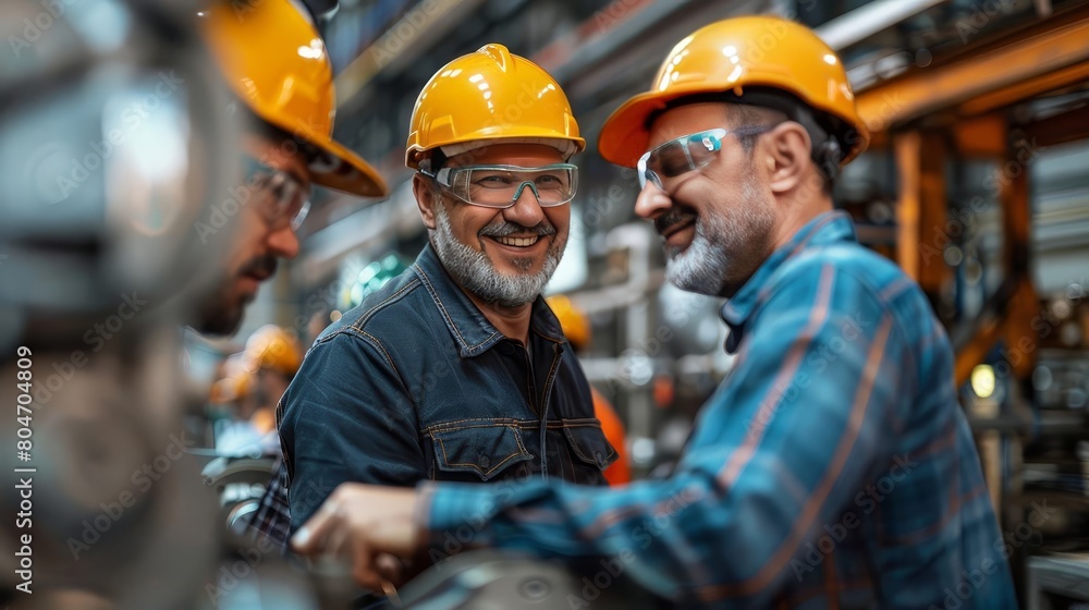Happy mature engineer and colleagues working in factory Happy mature engineer and colleagues working in factory