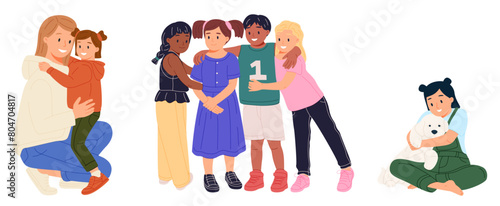 Set of warm hugs between kids, parents and little friends. Happy child embracing mother.