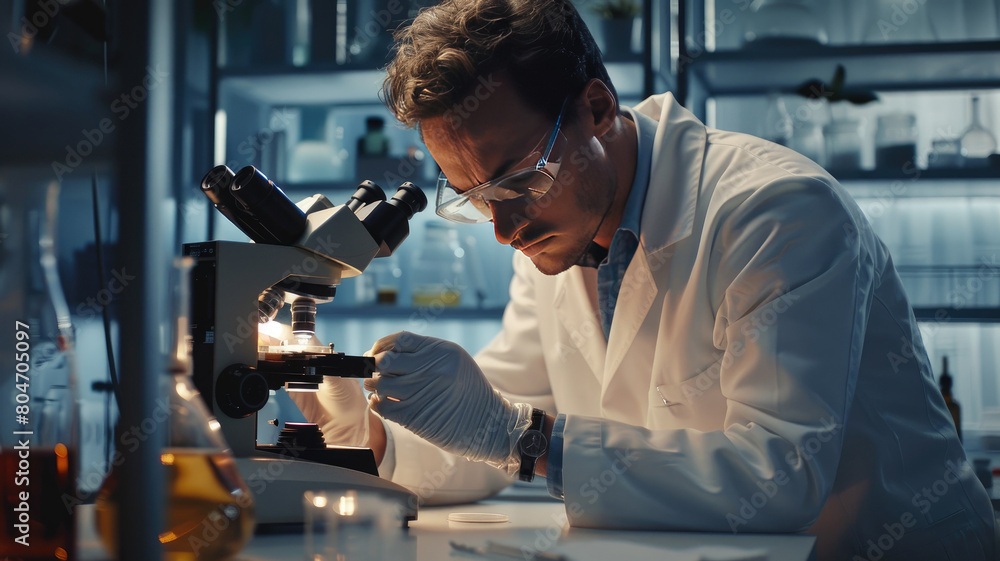 Viorolog researcher examining blood sample from test tube working in modern equipped laboratory. Scientist man analysing vaccine evolution using high tech researching diagnosis Viorolog researcher examining blood sample from test tube working in modern equipped laboratory. Scientist man analysing vaccine evolution using high tech researching diagnosis