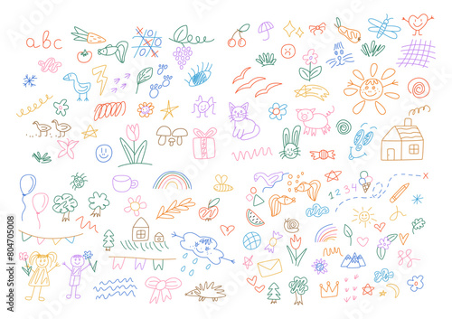 Hand drawn colored set of simple decorative elements. Various icons such as hearts, stars, speech bubbles, arrows.