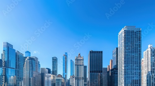 Clear blue sky backdrop sets the stage for a stunning skyline of sleek modern skyscrapers  symbolizing urban growth and architectural innovation