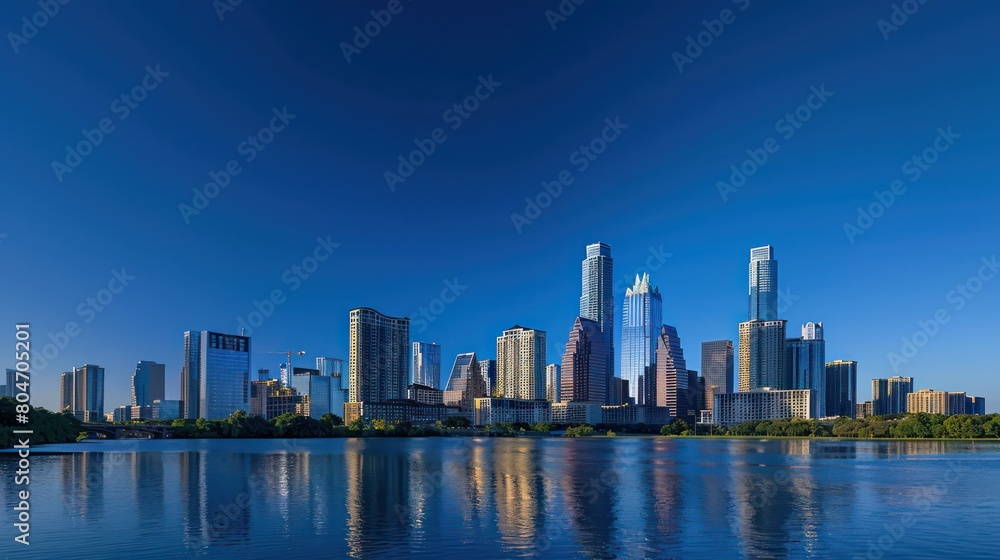 A peaceful city skyline at twilight with buildings casting reflections on the calm river surface below, invoking a tranquil urban sundown A peaceful city skyline at twilight with buildings casting reflections on the calm river surface below, invoking a tranquil urban sundown
