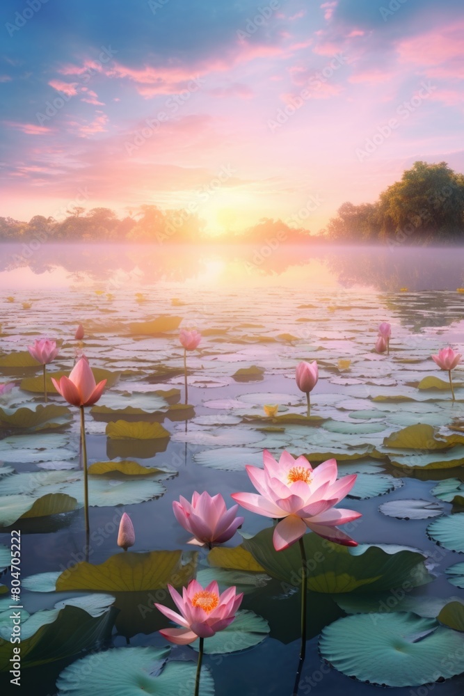 sunset on a lake with water lilies