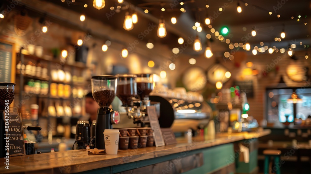 A close-up of a heroic espresso machine, focused and operational, amidst a bustling, dimly lit coffee house setting A close-up of a heroic espresso machine, focused and operational, amidst a bustling, dimly lit coffee house setting