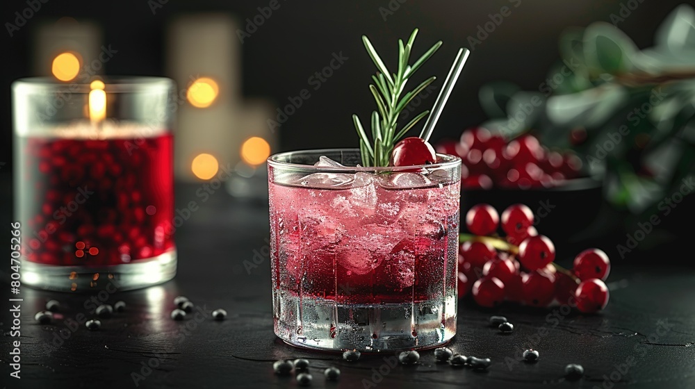  Cranberry juice with rosemary in one glass, next to a