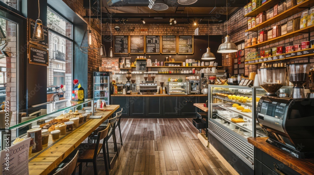 Modern cafe offering an inviting atmosphere with well-organized black counters and charming interior details Modern cafe offering an inviting atmosphere with well-organized black counters and charming interior details