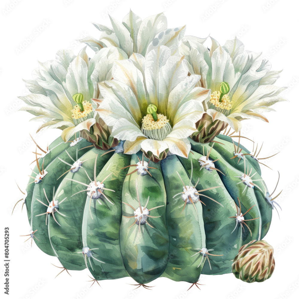 Fototapeta premium A blooming cactus in a white pot with a yellow flower on a white background