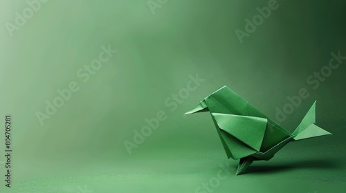 Banner with copy space. Colourful origami bird in green on a green background. Funny looking spring bird. Minimalist  modern style. Generative AI