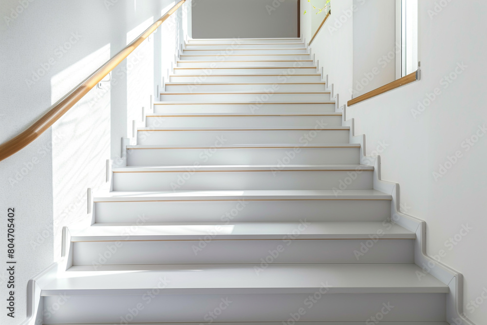 Pearl white stairs with a modern wooden handrail, pristine and elegant home design. Pearl white stairs with a modern wooden handrail, pristine and elegant home design.