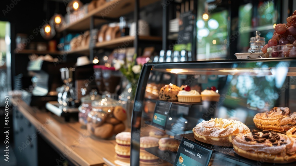 Luxurious showcase of a variety of pastries behind a glass counter in a chic bakery