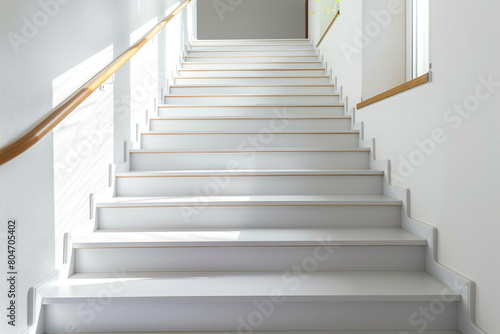 Pearl white stairs with a modern wooden handrail  pristine and elegant home design.