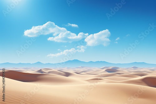 A serene desert landscape with sand dunes stretching to the horizon under a clear blue sky  isolated on solid white background.