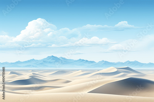 A serene desert landscape with sand dunes stretching to the horizon under a clear blue sky, isolated on solid white background.